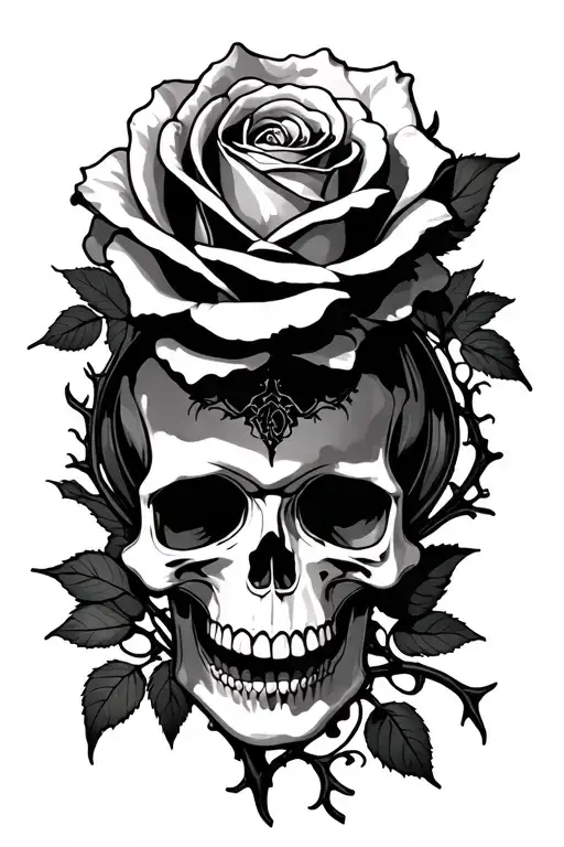 Goth Rose with thorn vines with skull tattoo design idea