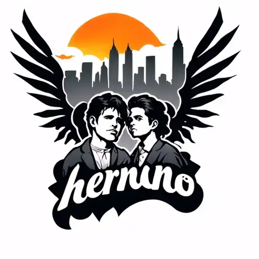 two brothers, one big and one smaller, with a city in the background with the sun and a cloud and the words hermano tattoo design idea