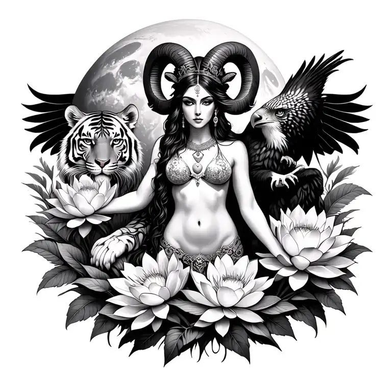 sexy aries goddess surrounded by lotus and peony flowers growing with a tiger and a hawk with mars in the background  tattoo design idea