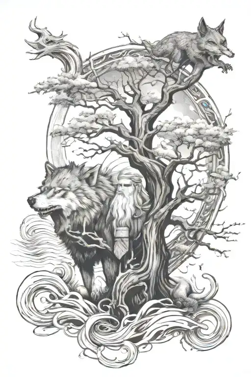 Tattoo sketch above is God Odin, below is a great tree, below is a wolf and a snake, below is a dragon on the waves. all tattoo design idea