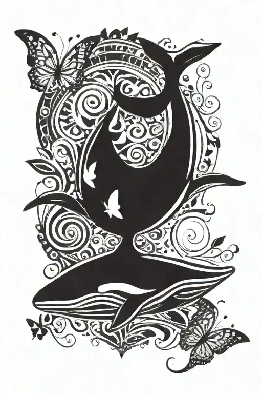 1 whale made out of tribal design surrounded by beautiful little butterflys tattoo design idea