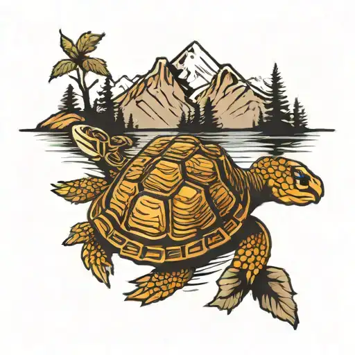 box turtle fishhook lake surrounded by mountains tattoo design idea