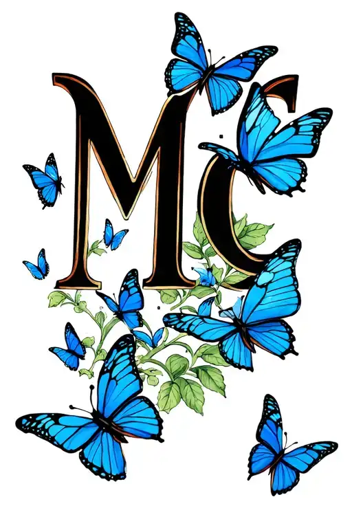 Letters MC with little blue butterflies. tattoo design idea