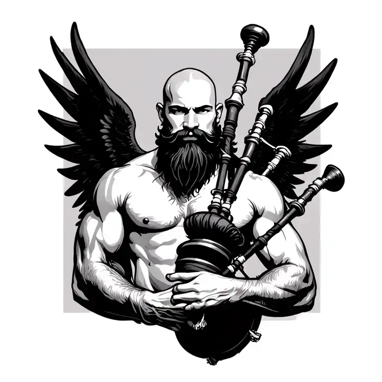 handsome scottish bagpiper bald black beard  muscular wearing pipes in arm big black wings shirtless tattoo tattoo design idea