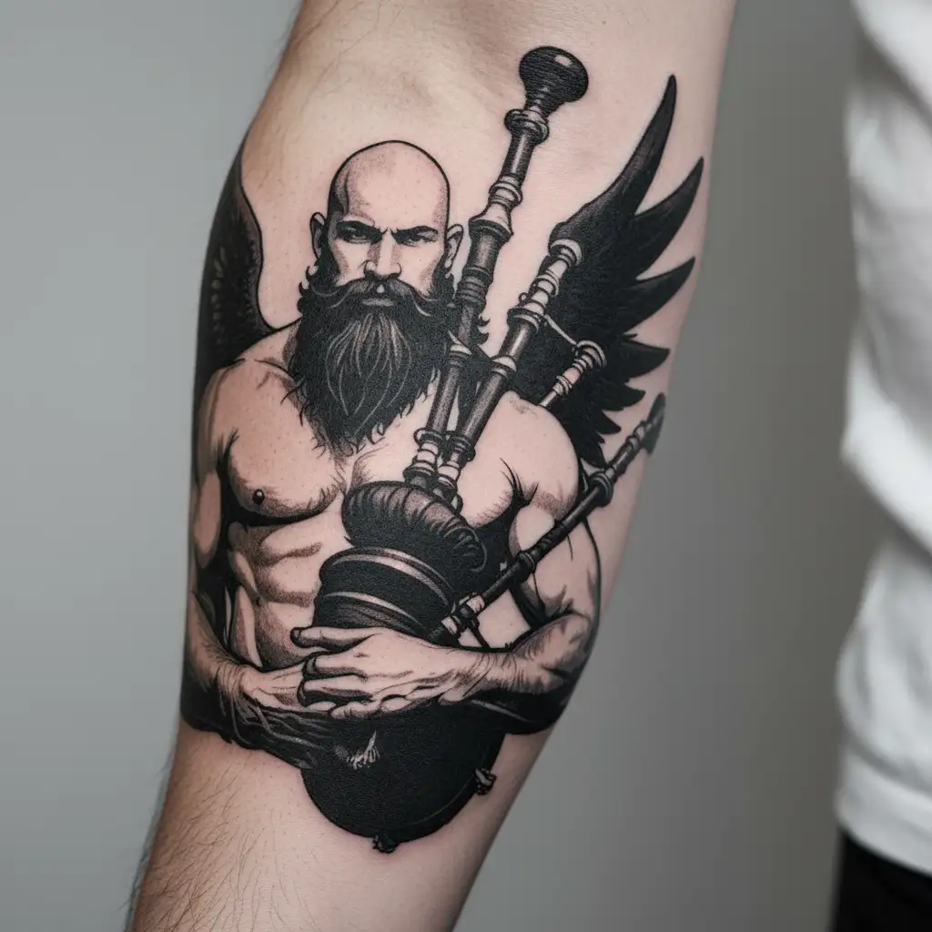 handsome scottish bagpiper bald black beard  muscular wearing pipes in arm big black wings shirtless tattoo tattoo design idea