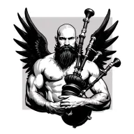handsome scottish bagpiper bald black beard  muscular wearing pipes in arm big black wings shirtless tattoo tattoo design idea