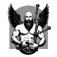 handsome scottish bagpiper bald black beard  muscular wearing pipes in arm big black wings shirtless tattoo tattoo design idea