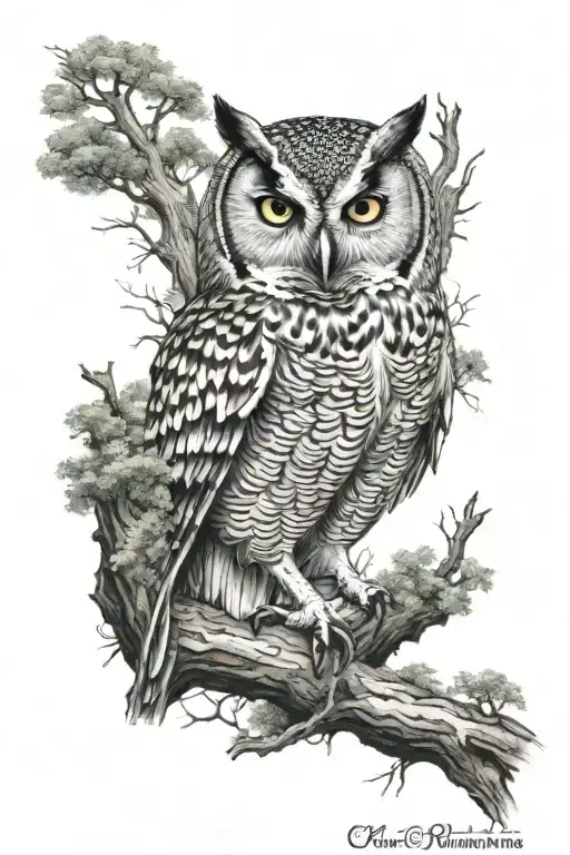 Forest wilderness scene with owl sitting tattoo design idea