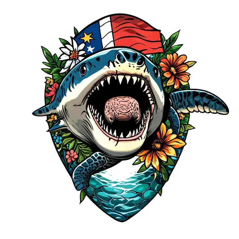 hammer head shark, sea turtle, scuba flag and floral pattern tattoo design idea
