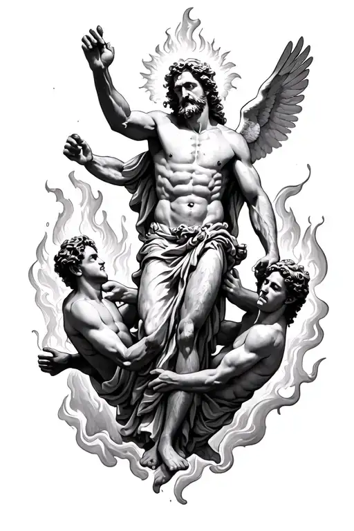  black and white tattoo sketch of Zeus rising from flames with three angels pulling him out, symbolizing savior and rebi tattoo design idea