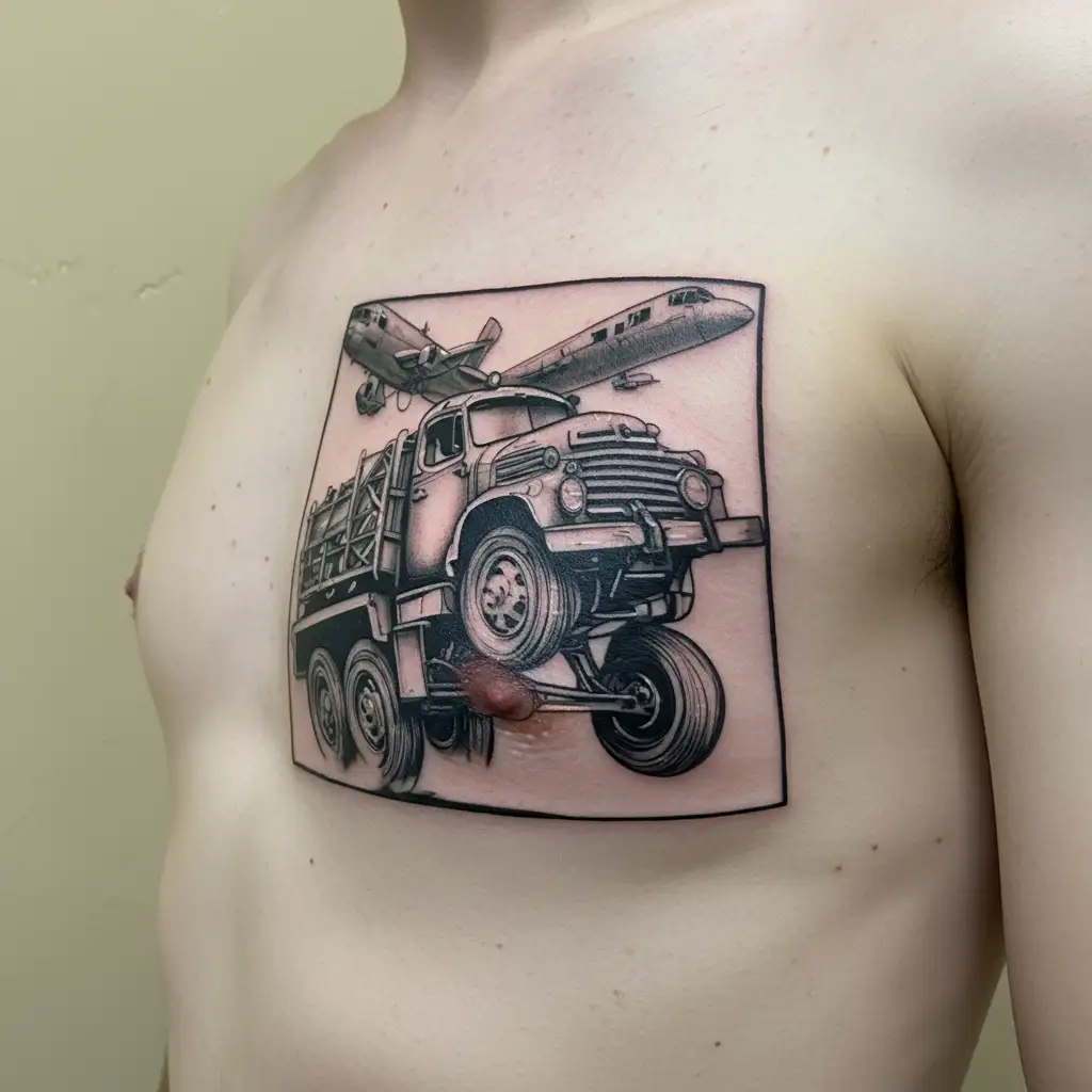Create a tattoo featuring a vintage truck with a US Army Airborne paratrooper jumping out tattoo design idea