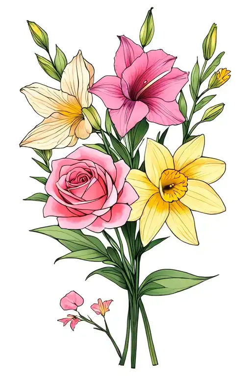 small bouquet featuring gladiolus,  daffodil, sweet pea, pink rose tattoo design idea