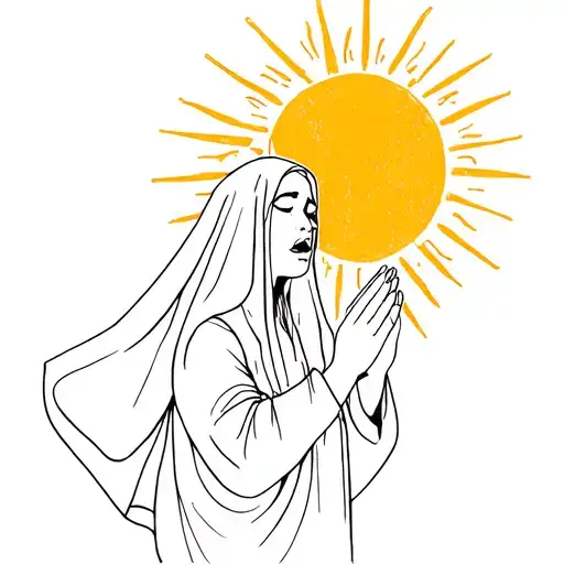 witchy lady in veil praying and crying with sun rays around head  tattoo design idea