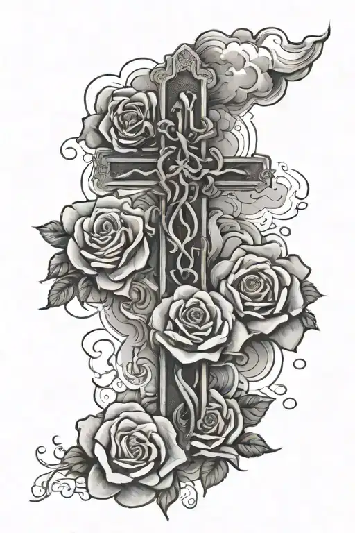 A cross with clouds and roses around it with the Bible verse Hebrews 12:11 coming down  tattoo design idea