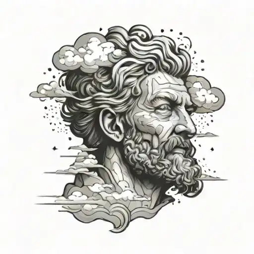 Cloud design full arm sleeve tattoo for men, with a galaxy in it, Marcus Aurelius's face and mountains tattoo design idea