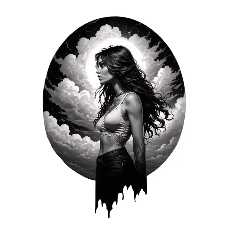 Angela coming through dark cloud background tattoo design idea