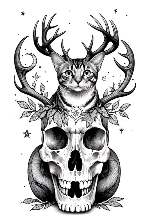 Tabby cat, deer antlers, sitting on a human skull, dotwork style, symmetrical leaves, crescent moon and stars, black ink tattoo design idea