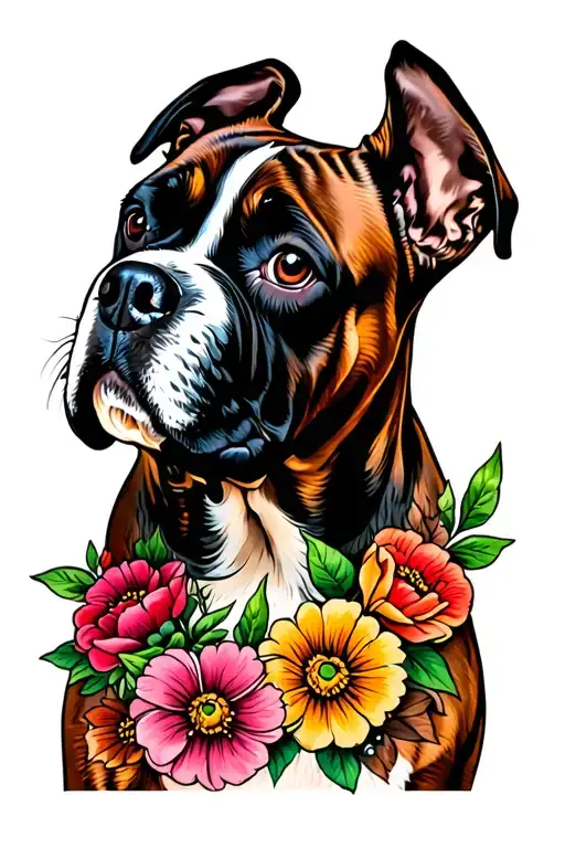 brindle boxer dog face with flowers wrapped tattoo design idea