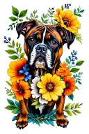 brindle boxer dog face with flowers wrapped tattoo design idea