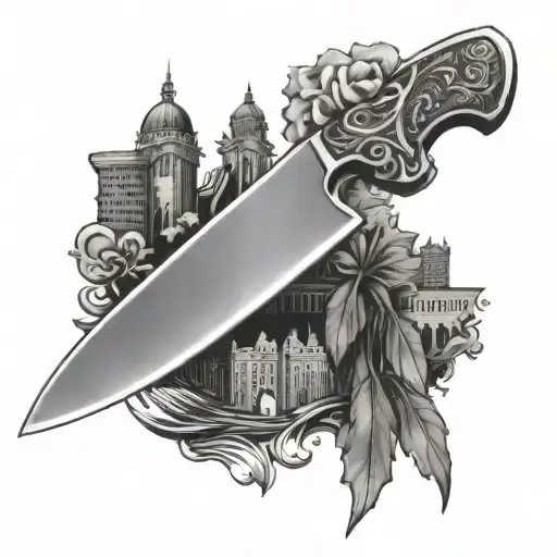a chef knife with the city of columbus in the blade  tattoo design idea