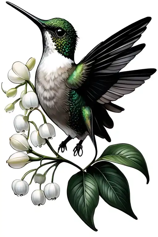 hummingbird with lily of the valley flowers intertwined tattoo design idea