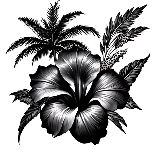 hibiscus flower, cheetah print outside of flower, palm tree surrounded  tattoo design idea