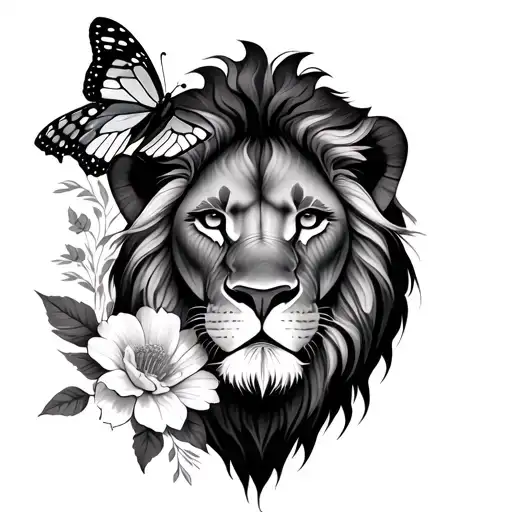 liones,flowers, butterflies tattoo design idea
