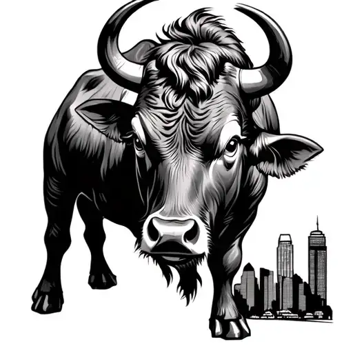 strong wise bull with serious eyes with lower body being the skyline for downtown Durham nc tattoo design idea