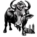 strong wise bull with serious eyes with lower body being the skyline for downtown Durham nc tattoo design idea