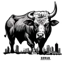 strong wise bull with serious eyes with lower body being the skyline for downtown Durham nc tattoo design idea