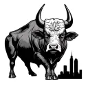 strong wise bull with serious eyes with lower body being the skyline for downtown Durham nc tattoo design idea