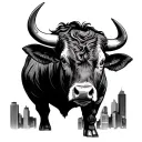 strong wise bull with serious eyes with lower body being the skyline for downtown Durham nc tattoo design idea