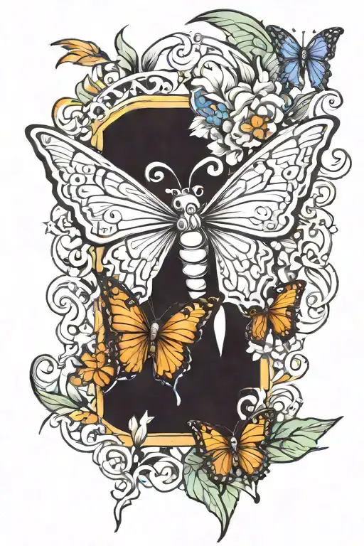 half sleeve tatto design, includes butterflys, a cross, and angels tattoo design idea