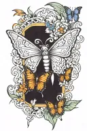 half sleeve tatto design, includes butterflys, a cross, and angels tattoo design idea