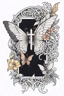 half sleeve tatto design, includes butterflys, a cross, and angels tattoo design idea