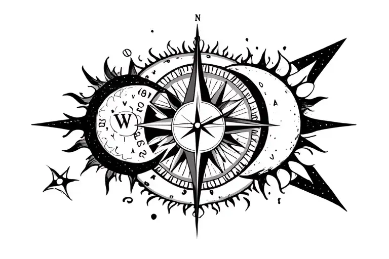 sun, moon, compass, time clock tattoo design idea