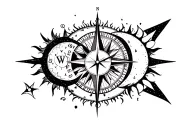 sun, moon, compass, time clock tattoo design idea