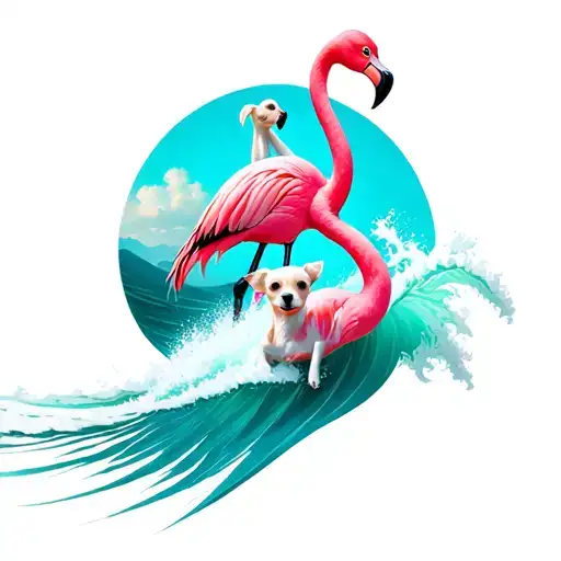 Flamingo riding waves i want my white  chiweenie riding on the back of a bright pink cool flamingo through big waves and tattoo design idea