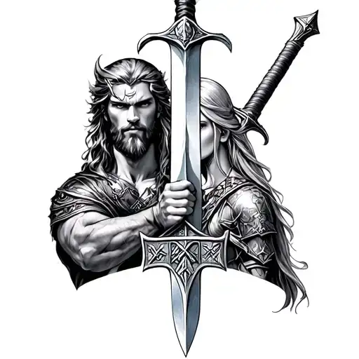 A forearm tattoo that is dedicated to the gods Thor and Freya with norse runes, mjolnir and a viking sword. tattoo design idea
