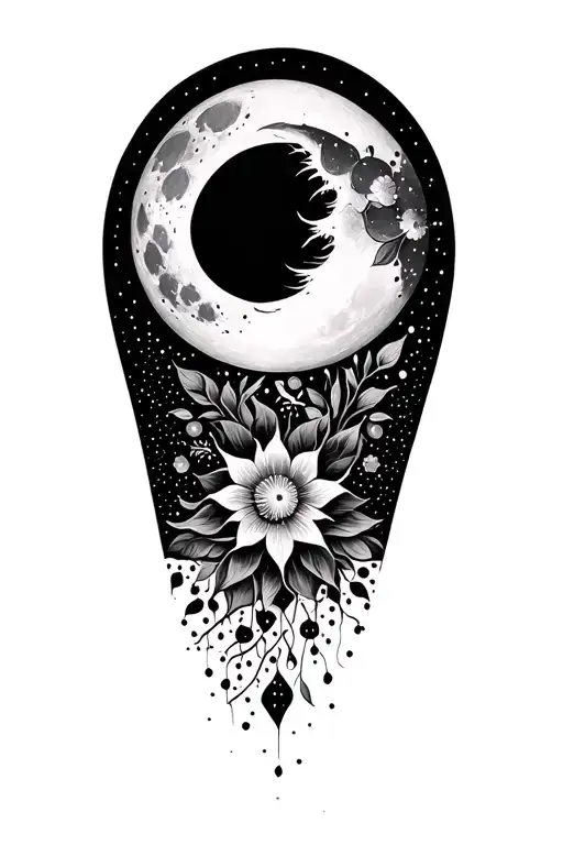 Please design an ethereal tattoo for the calf focusing on a moon encompassing a sun surrounded by dot and floral pattern tattoo design idea