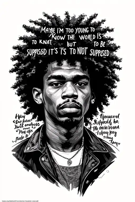 huey freeman sign with the word "Maybe I'm too young to know what the world is supposed to be, but it's not supposed to" tattoo design idea