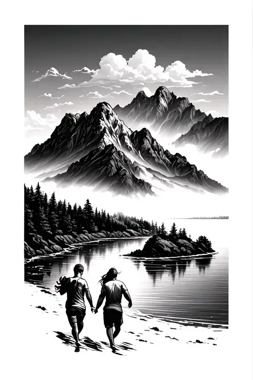 nature, mountains, water, small couple running away from us tattoo design idea
