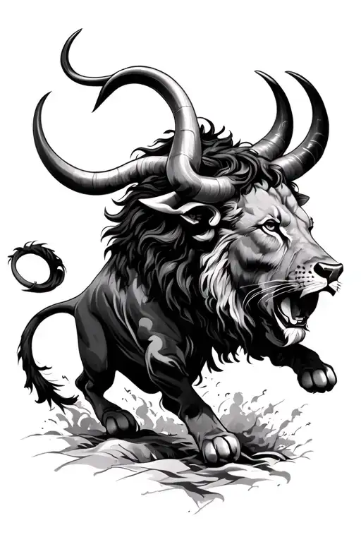 a majestic lion and a Spanish taurus bull In battle fighting to death tattoo design idea