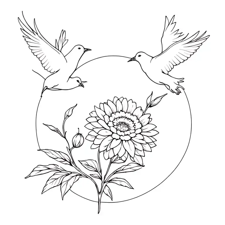 Chrysanthemum and Narcissus flower with 3 doves around tattoo design idea