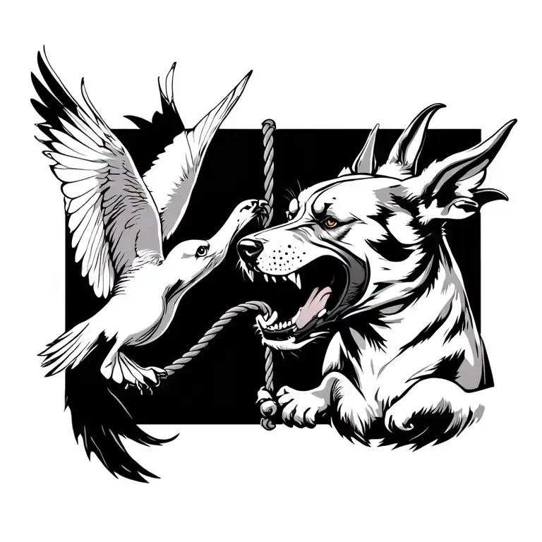 chest tattoo of dove and devil dog fighting to pull a rope from their mouths aggressively pulling on the rope tattoo design idea