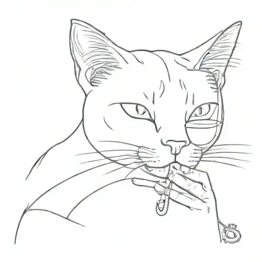 cat with cigarette and wine in hand laying  tattoo design idea