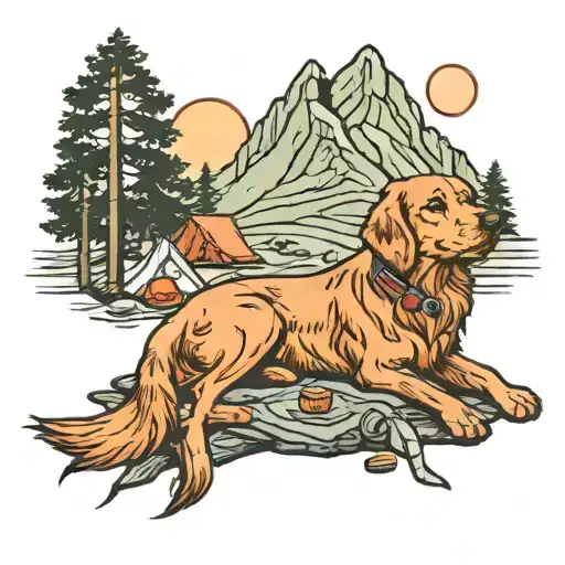 camping in mountains with sleeping red retriever  tattoo design idea