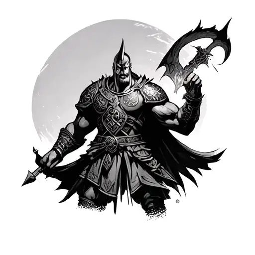 A warrior who has taken many wounds but still stands tall and looks intimidating. tattoo design idea