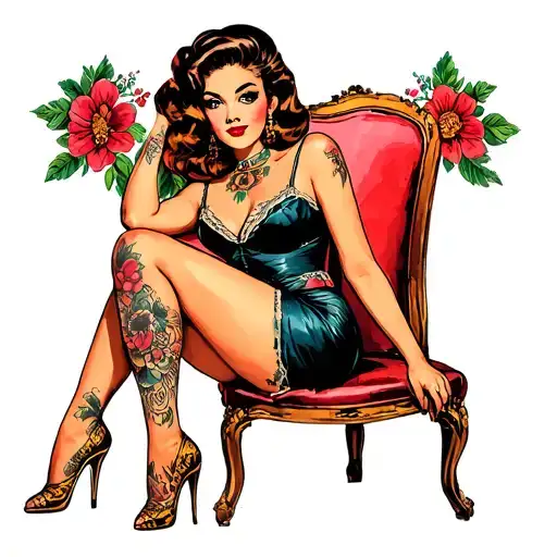 Tan skinned Latina with brown eyes, Full body posing vintage pin up girl sitting tattoo design idea