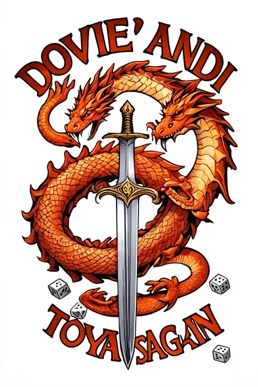 "Dovie'andi se tovya sagain" "Dovie'andi se tovya sagain" figure eight Ouroboros dragon with sword passing through length and 3 Dice at the hilt. tattoo design idea